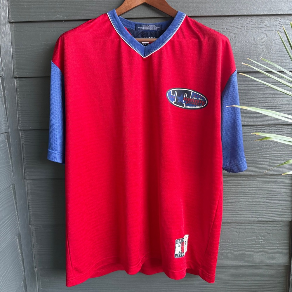 Vintage Tommy Jeans Y2K Logo Jacquard Jersey T Shirt Red Blue Size Large